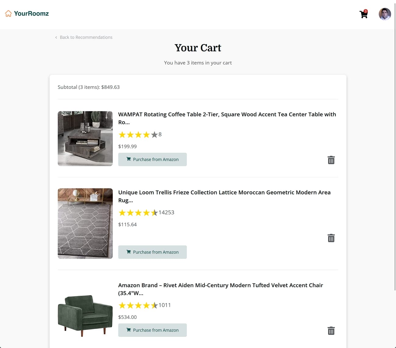 Screenshot of YourRoomz landing page